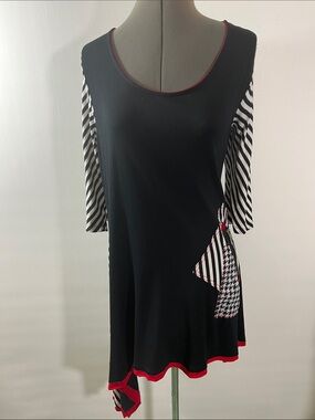 Inside Out Women Dress Black with Black & White Stripes and Red Trim Size M
